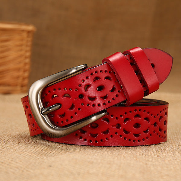 Hollow Carved Leather Belt – Women’s Pin Buckle Belt in Multiple Colors & Sizes