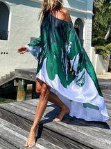 Inclined Shoulder Printed Dress – Elegant One-Shoulder Maxi Dress