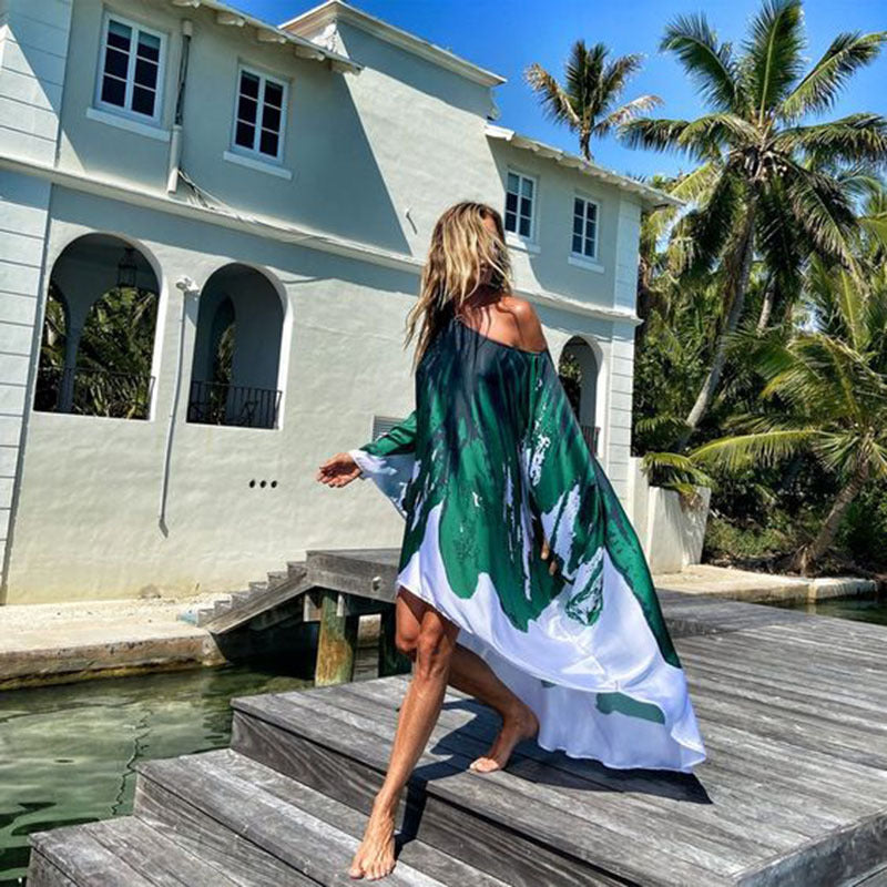 Inclined Shoulder Printed Dress – Elegant One-Shoulder Maxi Dress