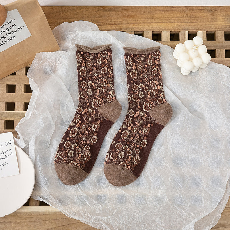 Women’s Broken Flower Forest Socks – Pastoral Style Floral Mid-Tube