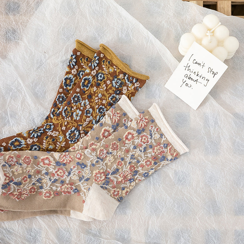Women’s Broken Flower Forest Socks – Pastoral Style Floral Mid-Tube