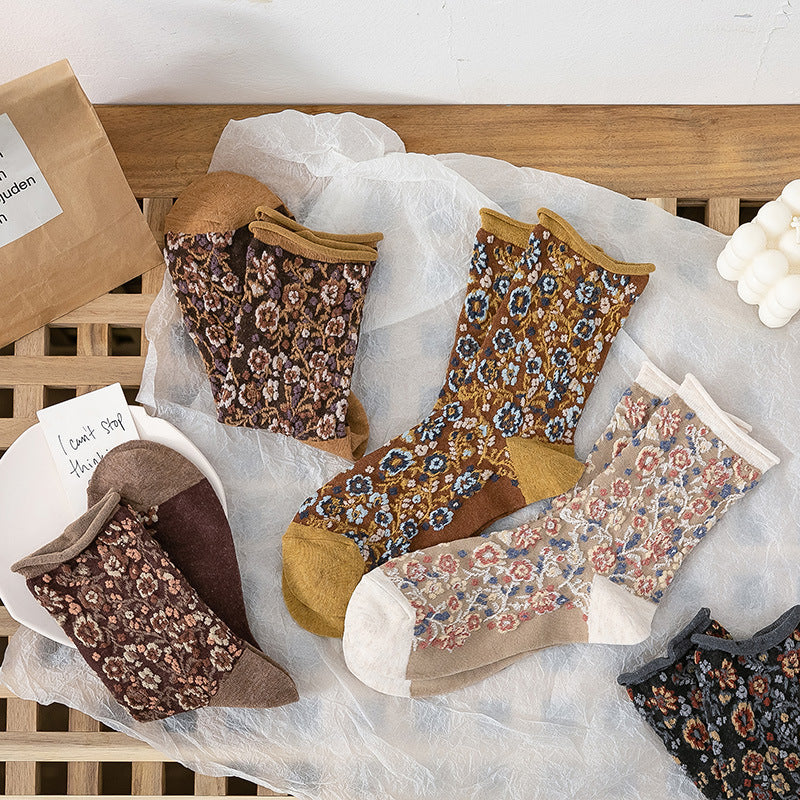 Women’s Broken Flower Forest Socks – Pastoral Style Floral Mid-Tube