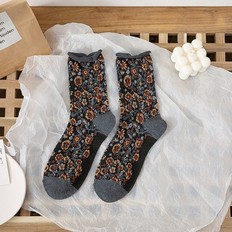 Women’s Broken Flower Forest Socks – Pastoral Style Floral Mid-Tube