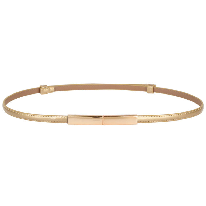 Minimalist Thin Leather Belt – Rectangular Buckle Waistband for Women
