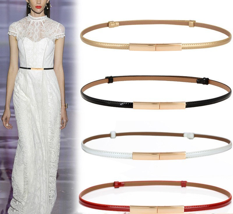 Minimalist Thin Leather Belt – Rectangular Buckle Waistband for Women