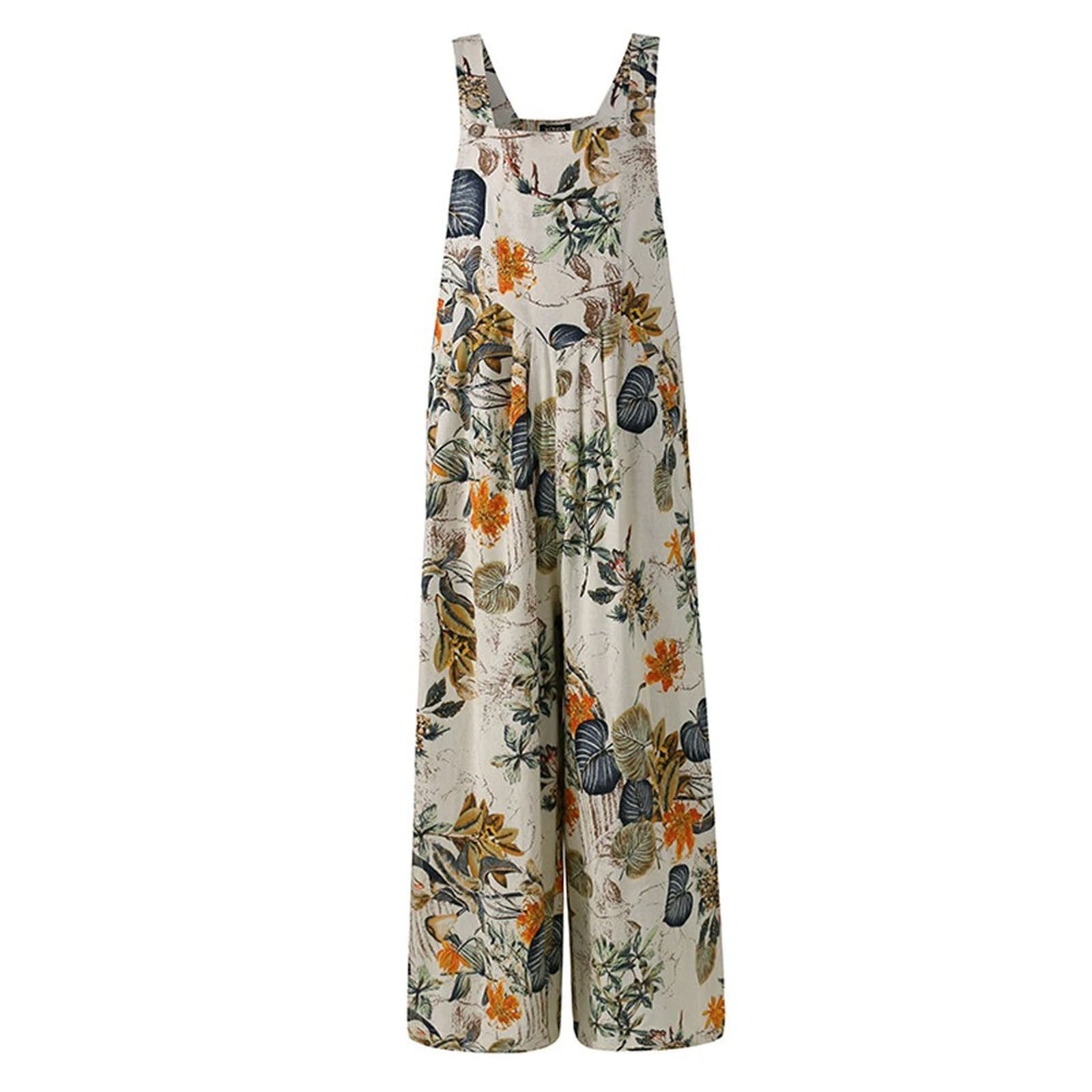 Boho Patchwork Printed Suspender Jumpsuit – Loose Cotton Wide-Leg One-Piece