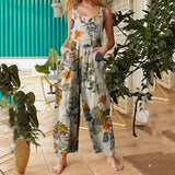 Boho Patchwork Printed Suspender Jumpsuit – Loose Cotton Wide-Leg One-Piece