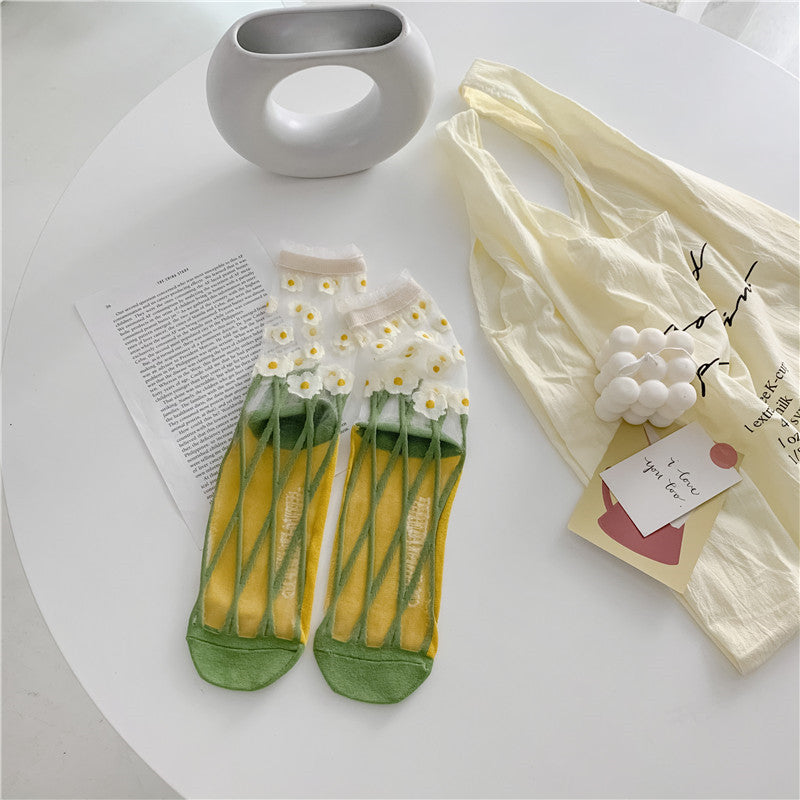 Retro Glass Silk Ankle Socks – Colorful Japanese Daisy Style