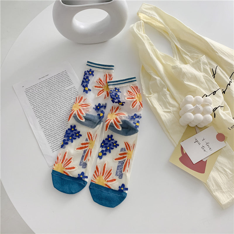 Retro Glass Silk Ankle Socks – Colorful Japanese Daisy Style