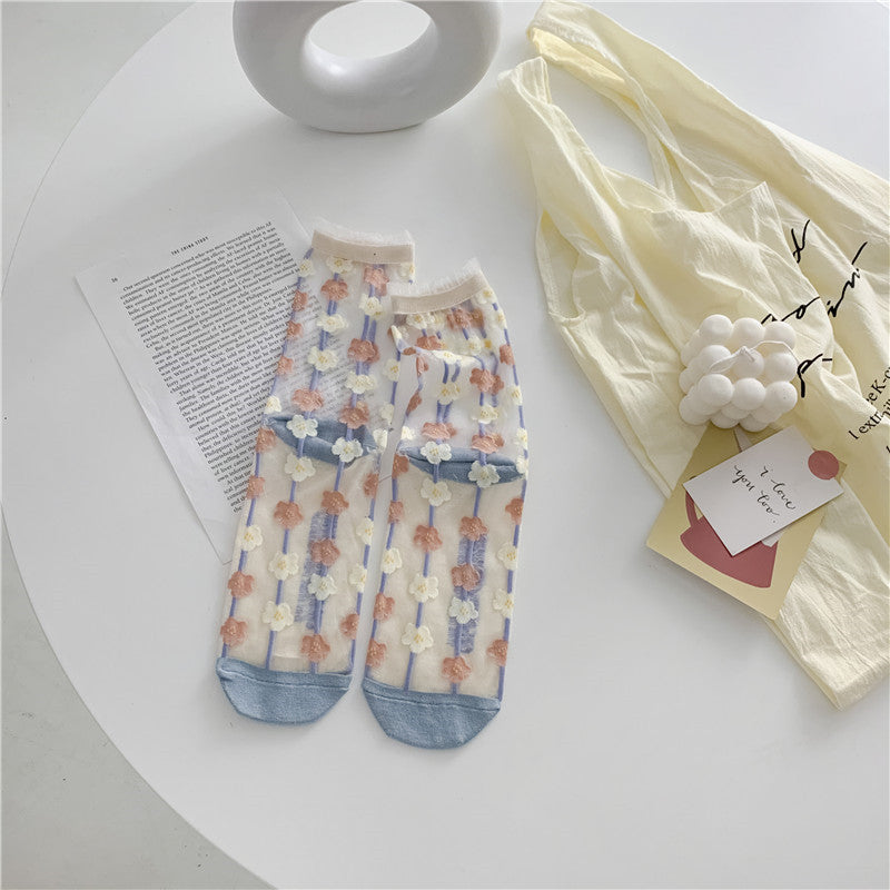 Retro Glass Silk Ankle Socks – Colorful Japanese Daisy Style