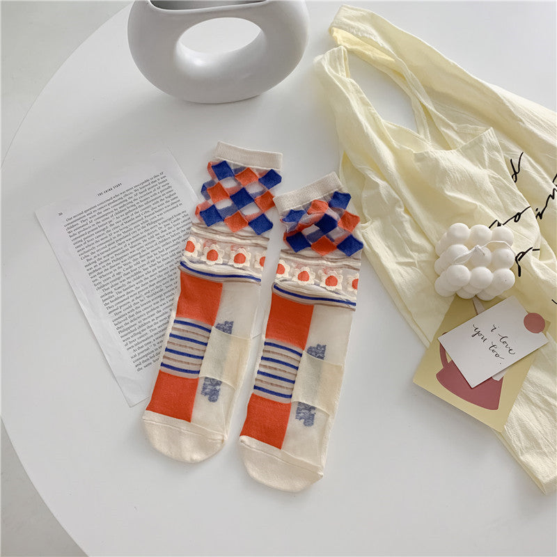 Retro Glass Silk Ankle Socks – Colorful Japanese Daisy Style