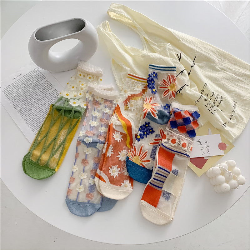 Retro Glass Silk Ankle Socks – Colorful Japanese Daisy Style
