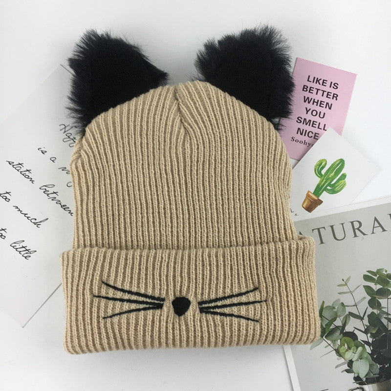 Cat Ear Embroidered Knitted Beanie – Cute Winter Woolen Hat