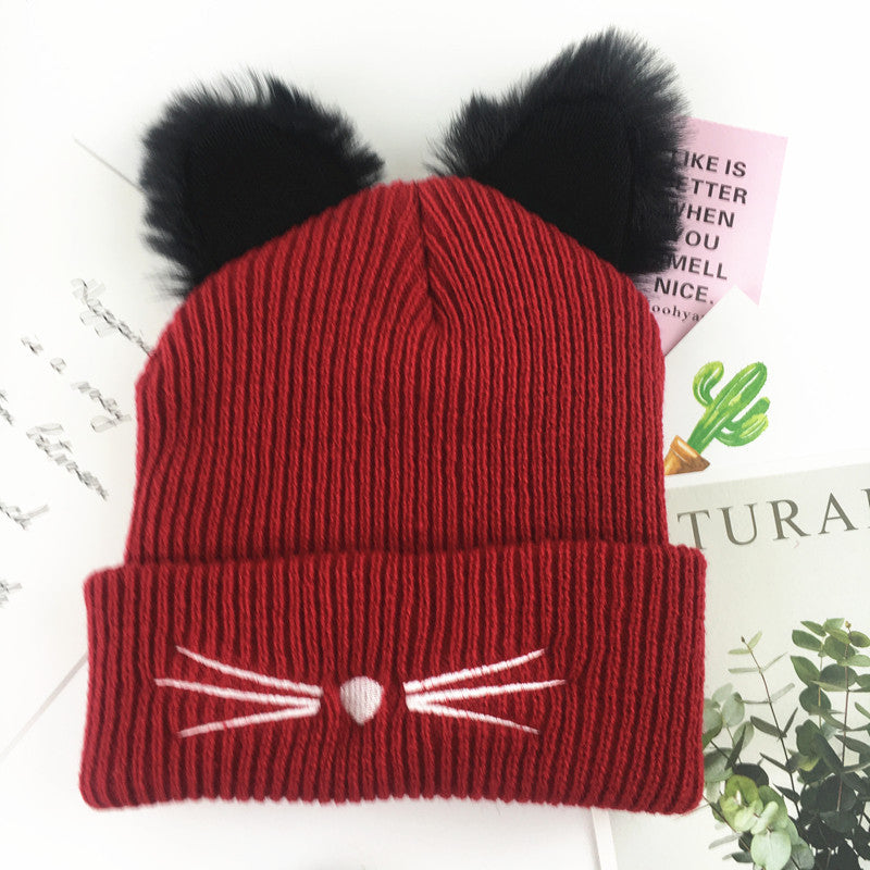 Cat Ear Embroidered Knitted Beanie – Cute Winter Woolen Hat