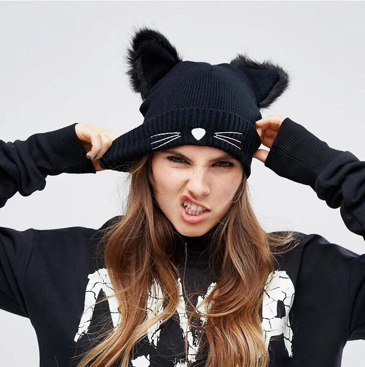 Cat Ear Embroidered Knitted Beanie – Cute Winter Woolen Hat