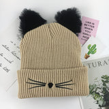 Cat Ear Embroidered Knitted Beanie – Cute Winter Woolen Hat