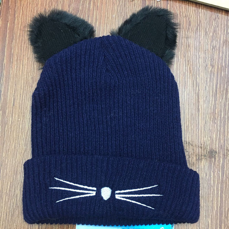 Cat Ear Embroidered Knitted Beanie – Cute Winter Woolen Hat