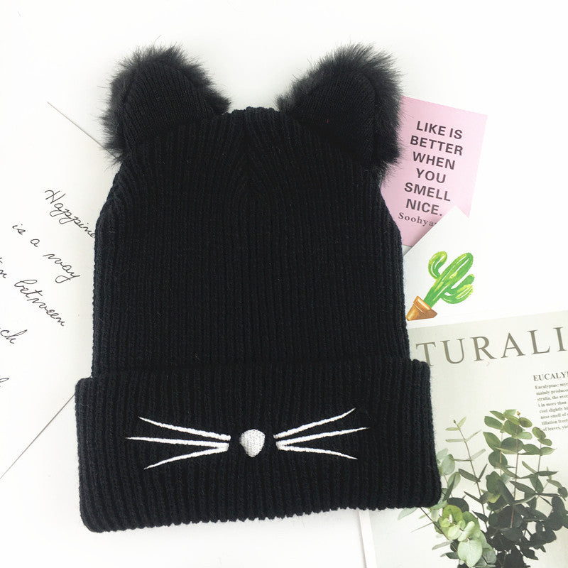 Cat Ear Embroidered Knitted Beanie – Cute Winter Woolen Hat