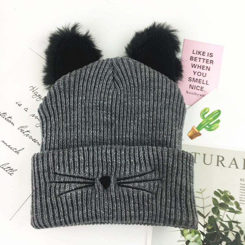 Cat Ear Embroidered Knitted Beanie – Cute Winter Woolen Hat