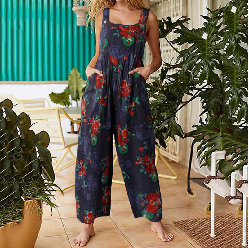 Boho Patchwork Printed Suspender Jumpsuit – Loose Cotton Wide-Leg One-Piece