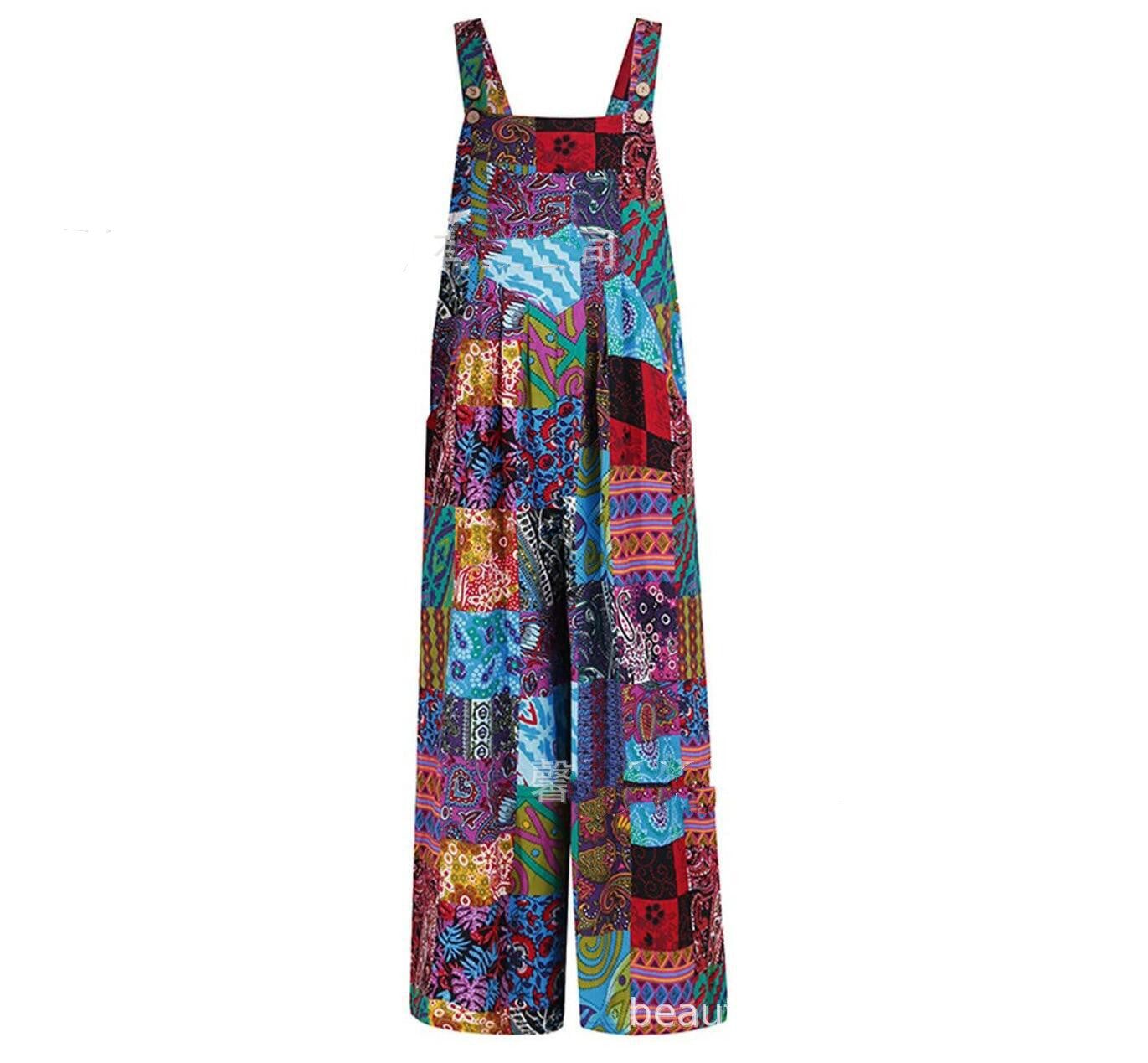 Boho Patchwork Printed Suspender Jumpsuit – Loose Cotton Wide-Leg One-Piece