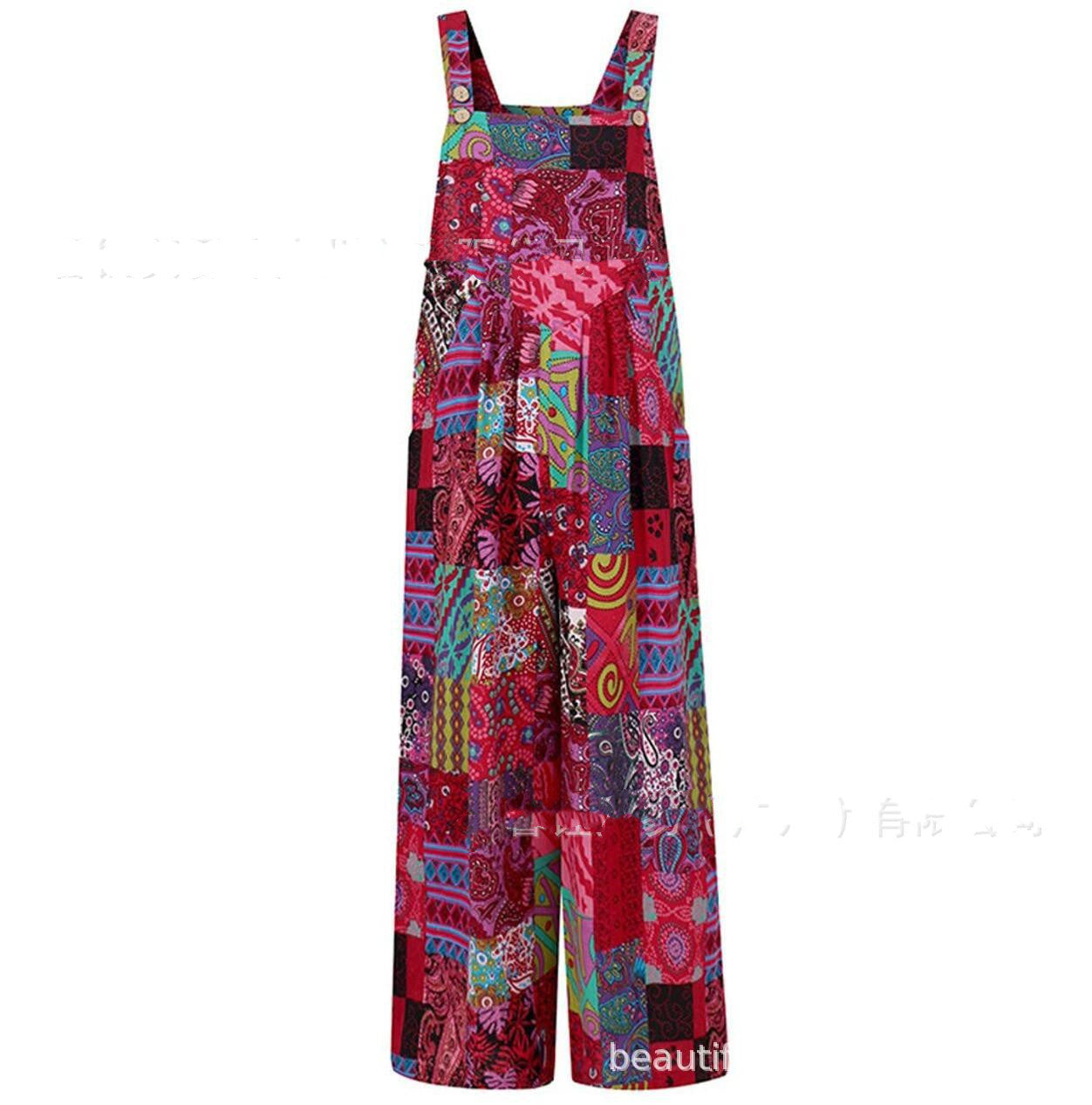 Boho Patchwork Printed Suspender Jumpsuit – Loose Cotton Wide-Leg One-Piece