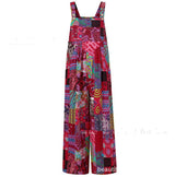 Boho Patchwork Printed Suspender Jumpsuit – Loose Cotton Wide-Leg One-Piece