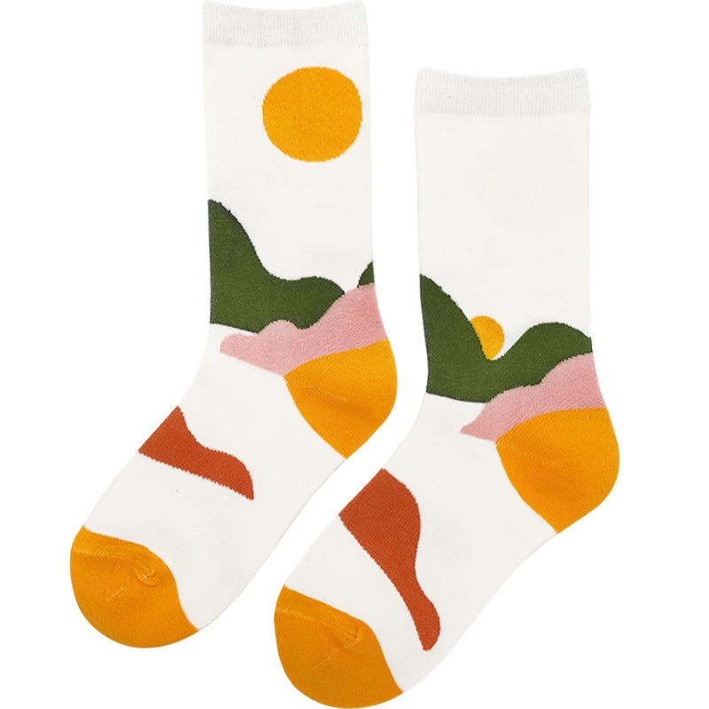 Colorful Nature-Inspired Crew Socks – Lakeside & Yellow Leaf