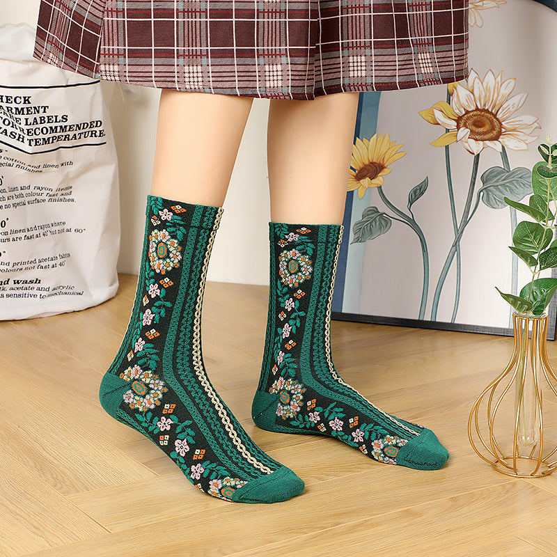 Women’s Retro Floral Mid-Calf Socks – Vintage Style Cotton Blend