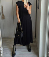 Women’s Pleated Long Summer Dress – Sleeveless Round Neck Maxi Dress