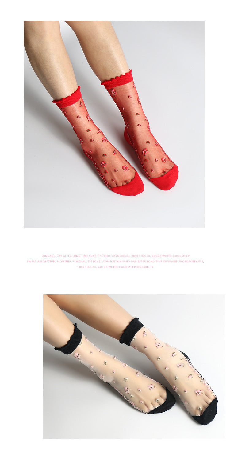 Women’s Jacquard Crystal Crew Socks – Elegant Sheer Design