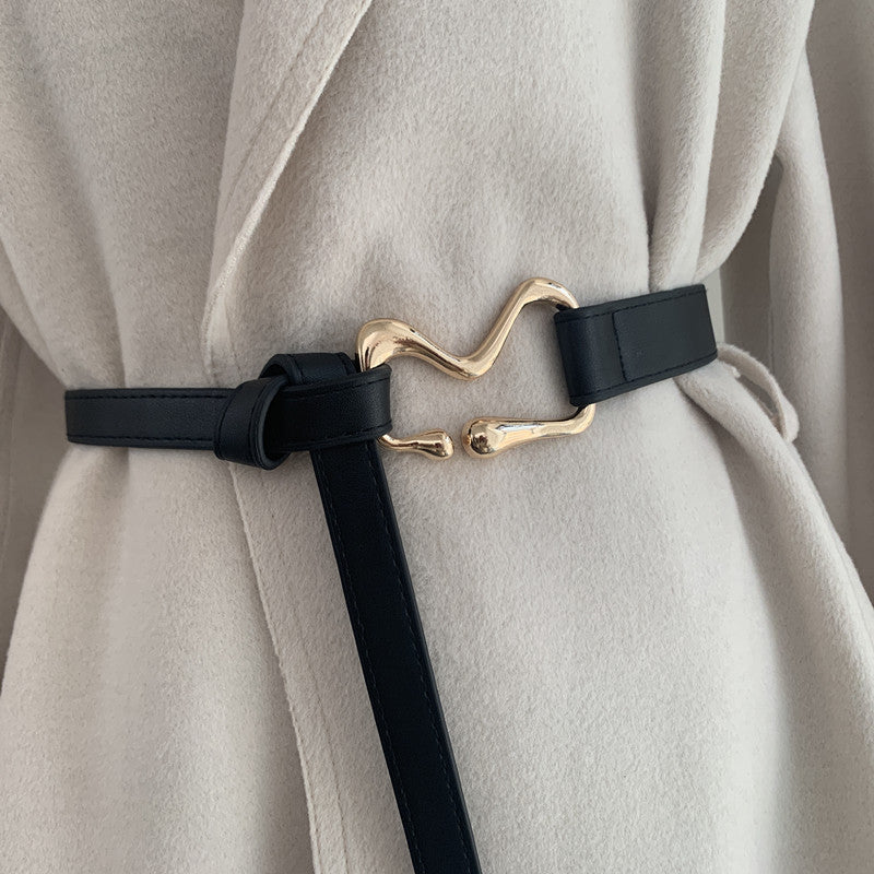 Knotted Thin PU Belt – Double Ring Buckle Waist Belt for Suits & Dresses