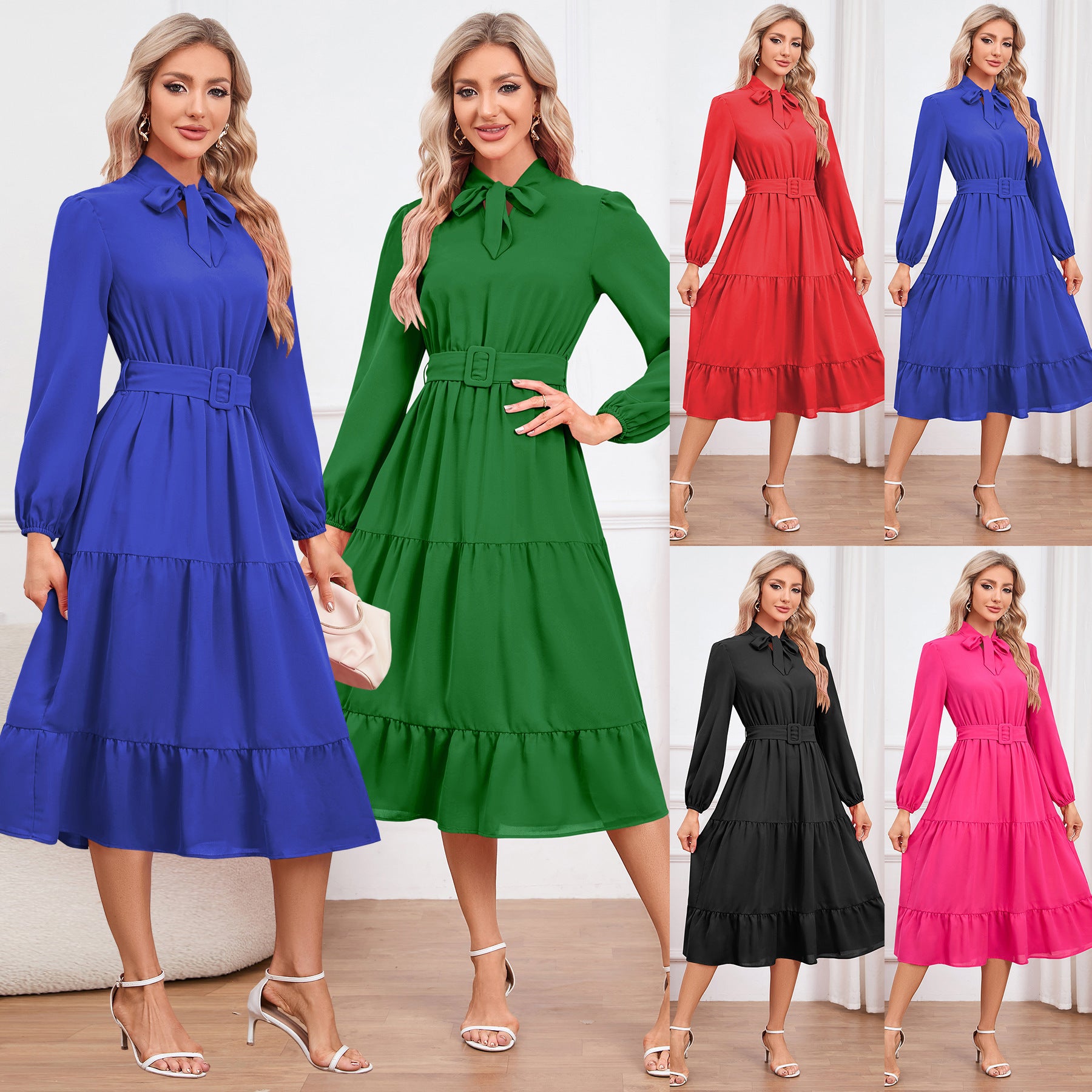 Women’s Elegant A-Line Bow Tie Midi Dress – Long Sleeve Slim Fit