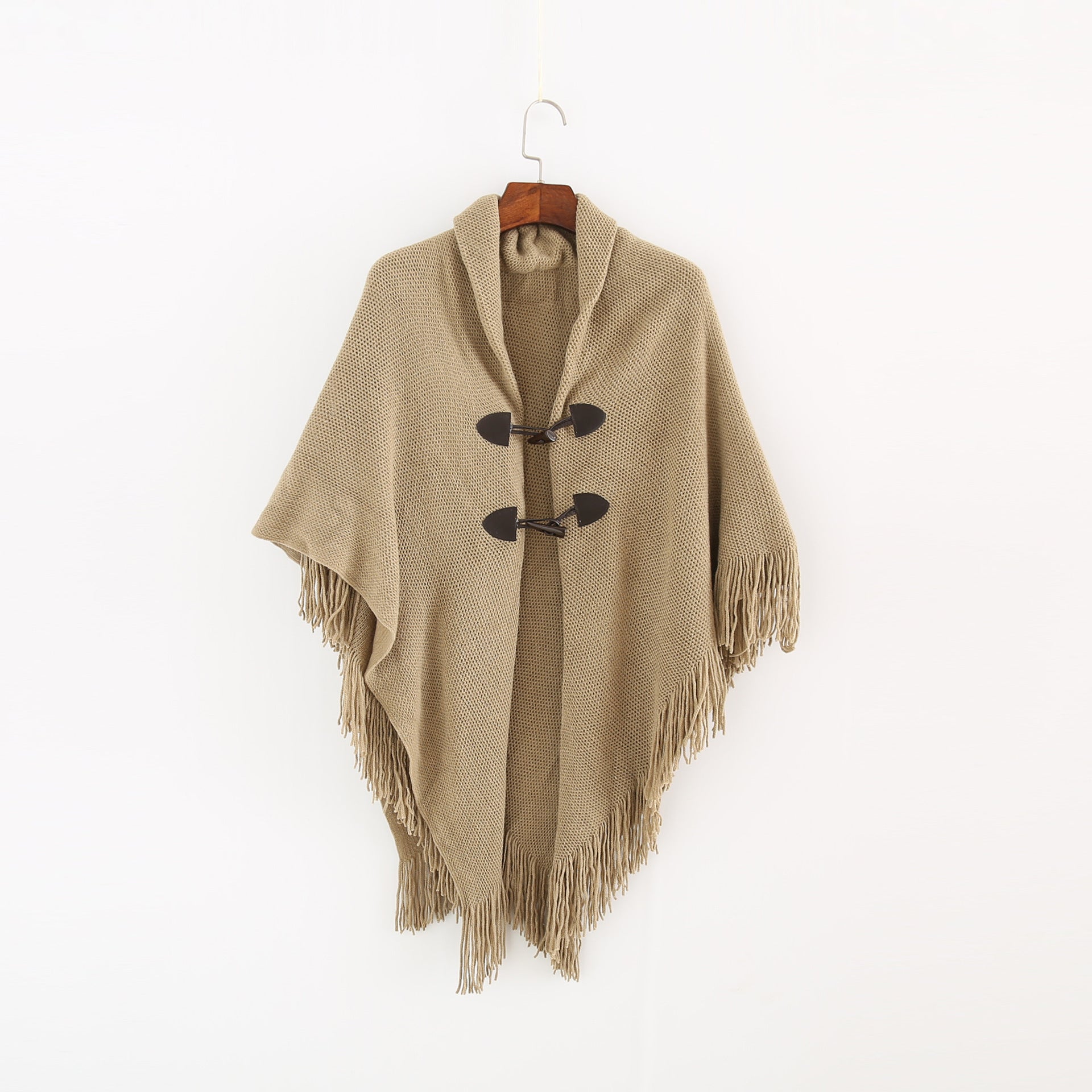 Hooded Knit Poncho Cape – Loose Fit Winter Cardigan with Toggle Closure