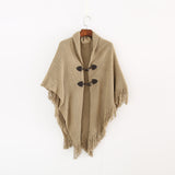 Hooded Knit Poncho Cape – Loose Fit Winter Cardigan with Toggle Closure