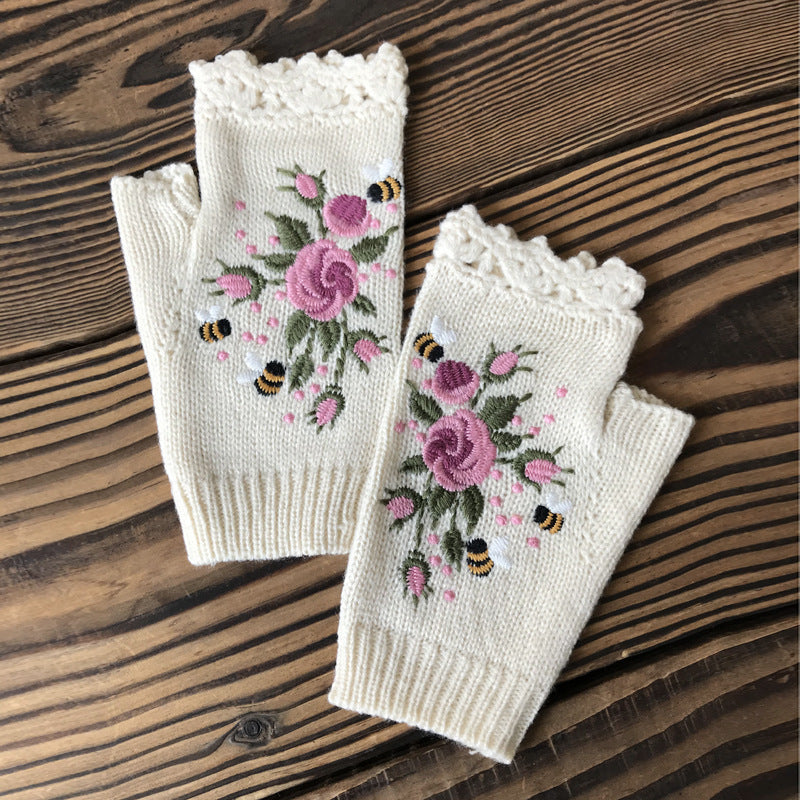 Embroidered Knitted Floral Gloves – Women’s Warm Half Finger Design