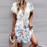 Printed Lace V-Neck Dress – Short Sleeve Tight Waist Swing Dress
