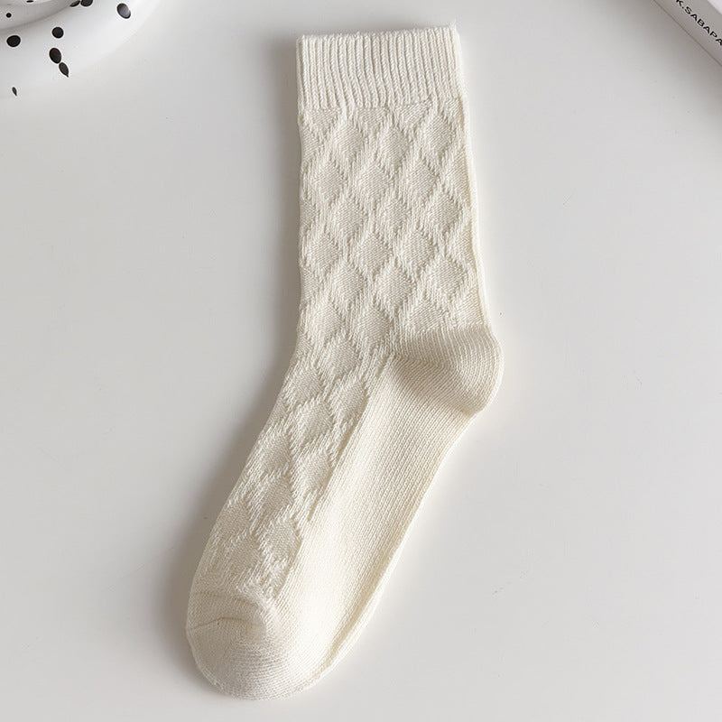 Women’s White Cotton Mid-Calf Socks – Thick Diamond Lattice Autumn/Winter