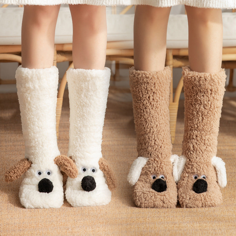 Women’s Plush Dog Floor Socks – Cute Non-Slip Winter Warm Design