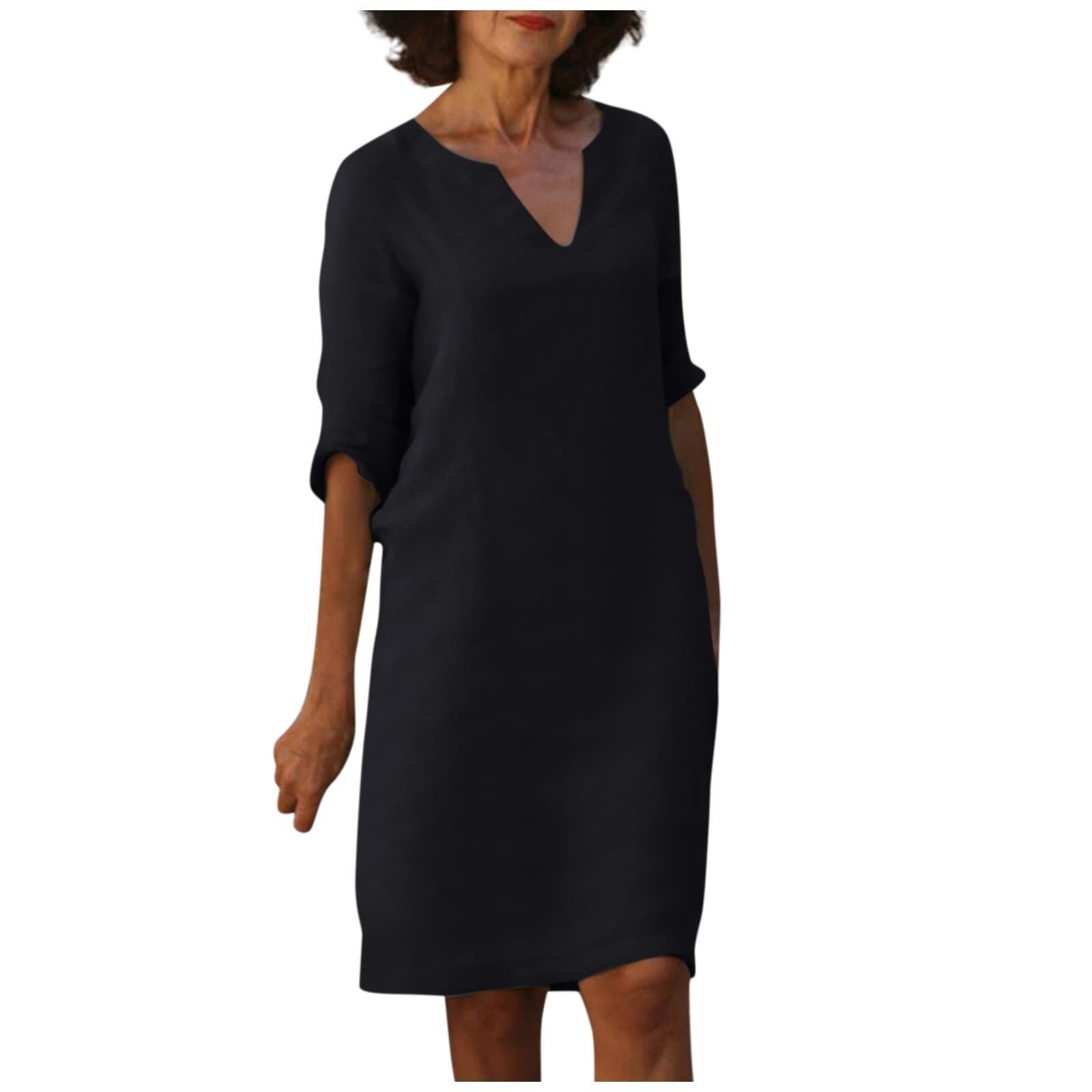 Cotton And Linen V-neck Dress Summer Stitching Retro High Waist Pure Color Dresses