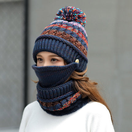 Korean Winter Knitted Wool Hat with Scarf – Striped Beanie Set