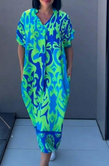 Casual V-Neck Printed Loose Dress – Short Sleeve Summer Maxi