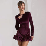 Round Neck Long Sleeve Velvet Dress – Elegant Pleated Hem