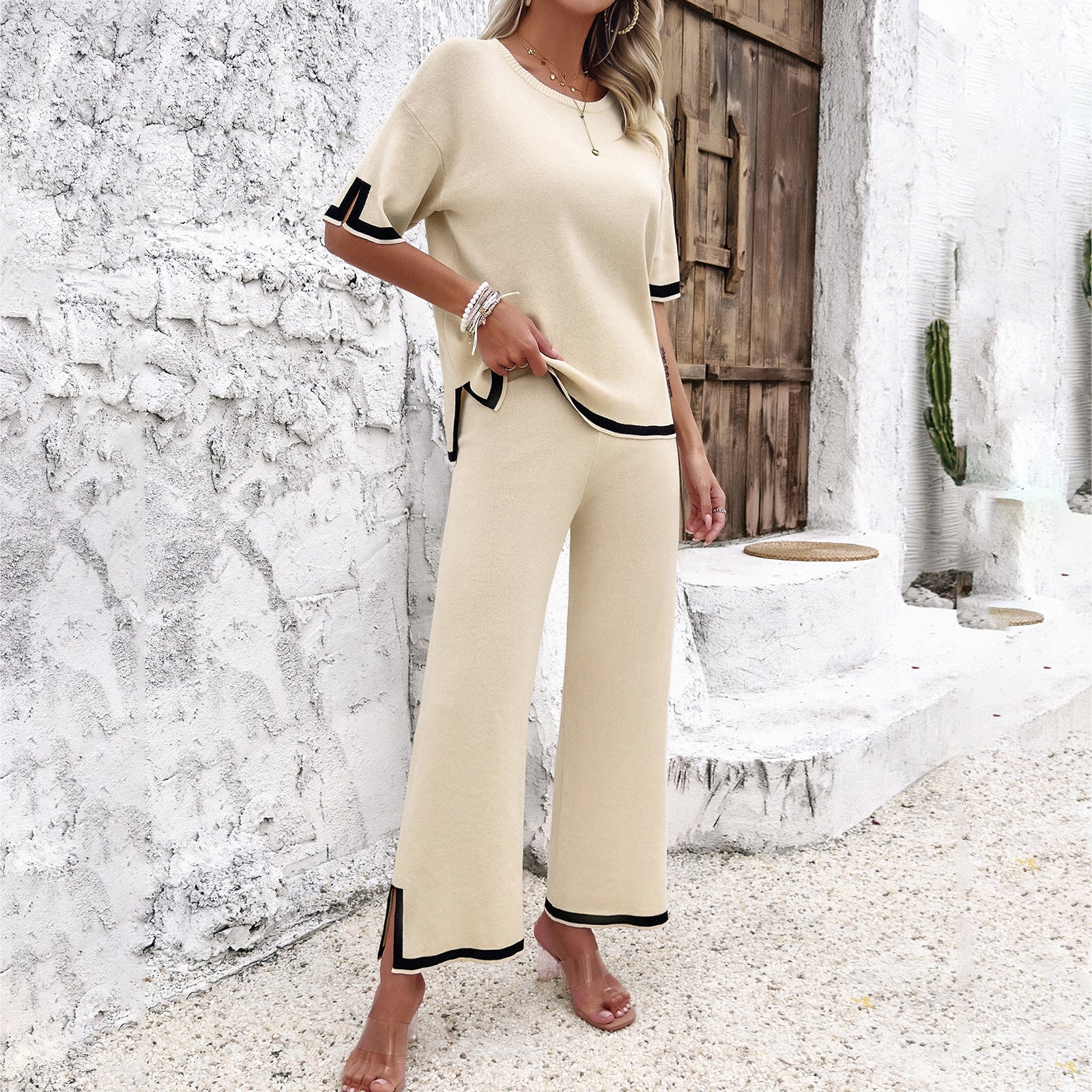 Women’s 2Pcs Summer Casual Knitted Suit – Short Sleeve Top & Loose Straight Trousers
