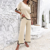 Women’s 2Pcs Summer Casual Knitted Suit – Short Sleeve Top & Loose Straight Trousers