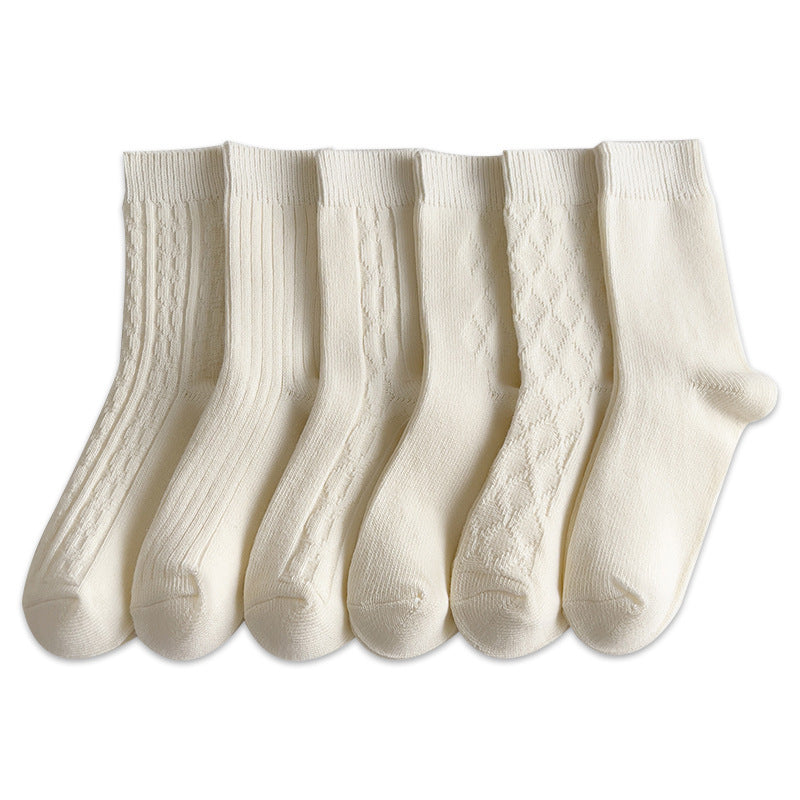 Women’s White Cotton Mid-Calf Socks – Thick Diamond Lattice Autumn/Winter