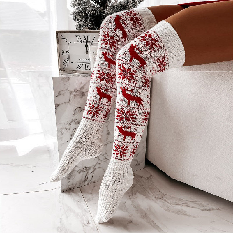 Women’s Christmas Knitted Over-the-Knee Stockings – Elk & Snowflake Winter Long Socks
