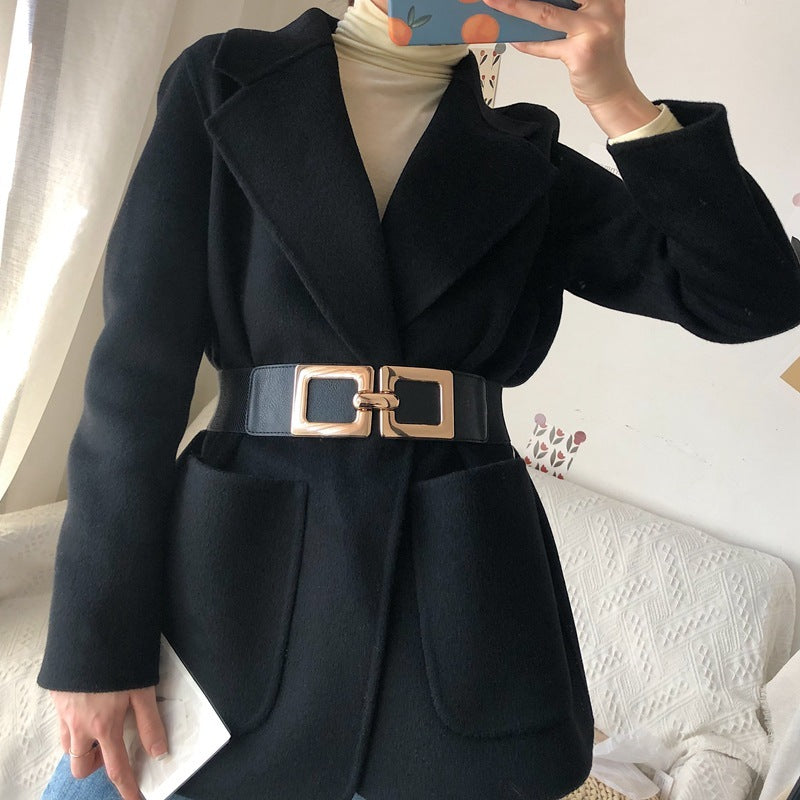 Glossy Square Buckle Elastic Belt – Wide Stretch Waistband for Women