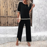 Women’s 2Pcs Summer Casual Knitted Suit – Short Sleeve Top & Loose Straight Trousers