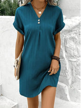 Fashion V-neck Short-sleeved Dress Casual Solid Strip Button Dresses Womens Clothing